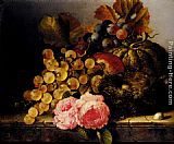 Still Life With A Birds Nest, Roses, A Melon And Grapes by Edward Ladell